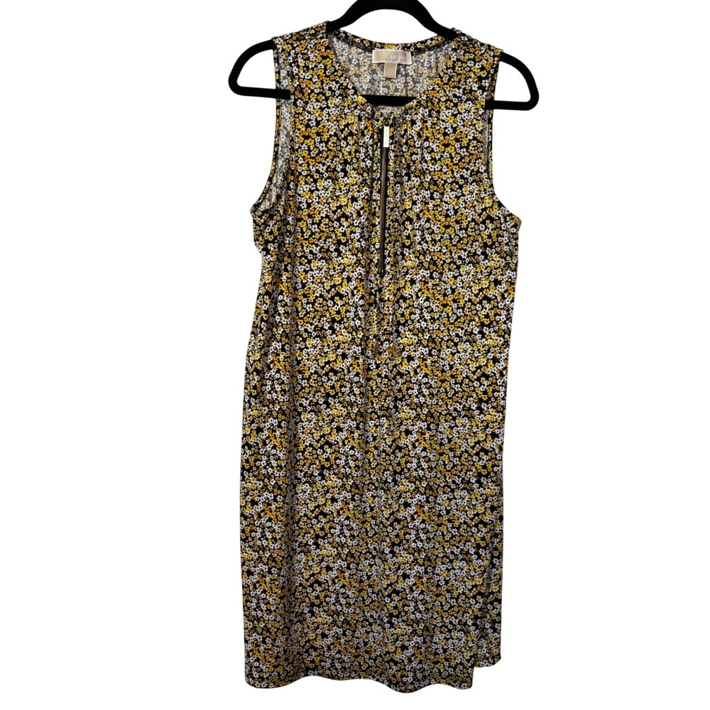 Michael Kors Womens Large Black Yellow White Ditsy Floral Sleeveless Shift Dress